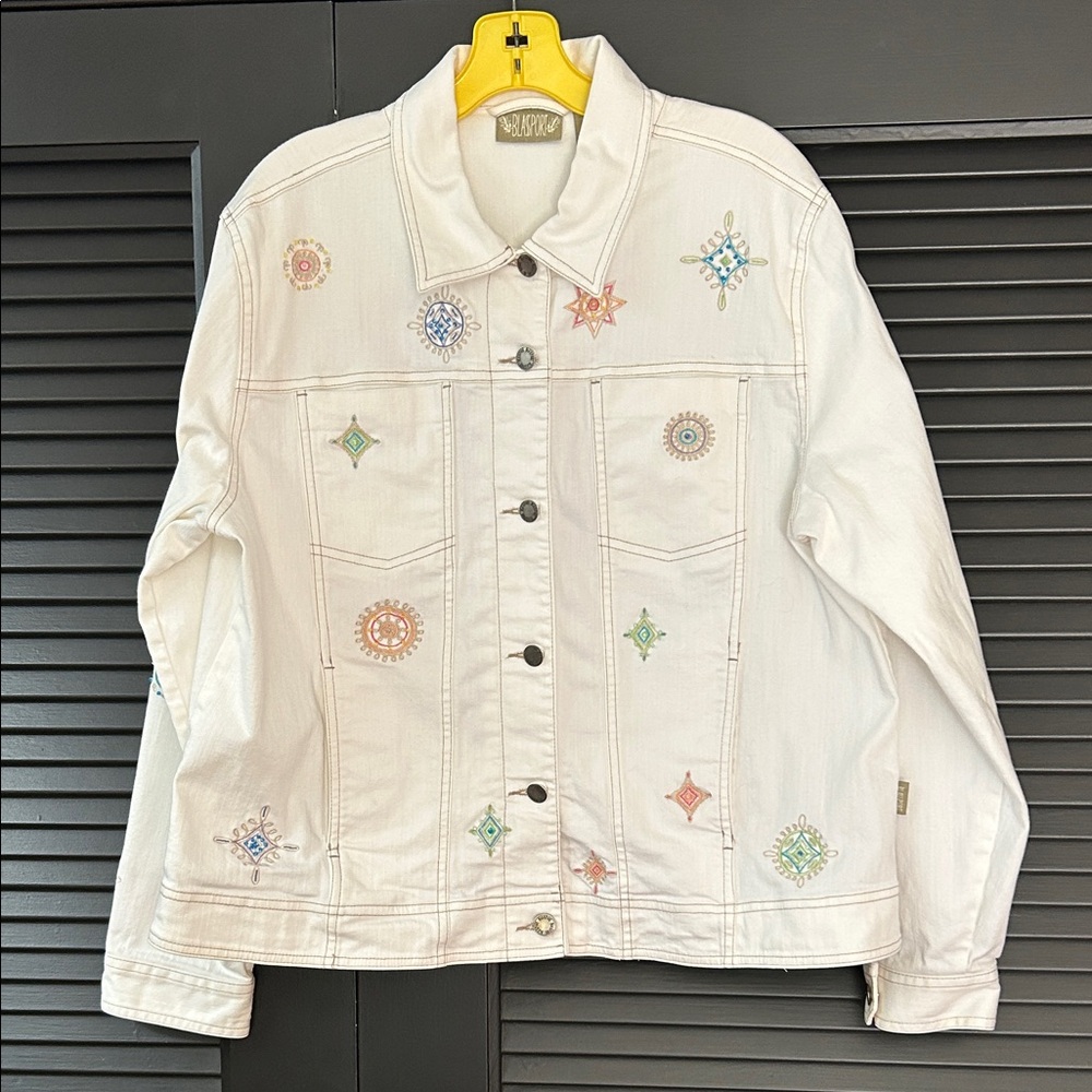 Vintage Blassport White Embroidered and Beaded Denim Jacket, Size XL